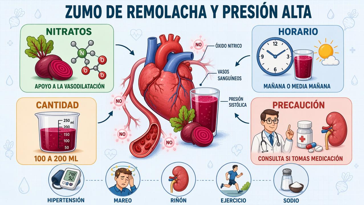 Nitratos, horario, cantidad y precauciones clave del zumo de remolacha.