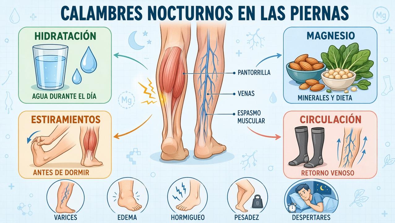 Hidratación, magnesio, estiramientos y circulación: claves para reducir los episodios nocturnos.