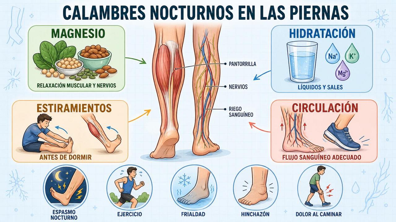 Magnesio, hidratación, estiramientos y circulación influyen en los calambres nocturnos.
