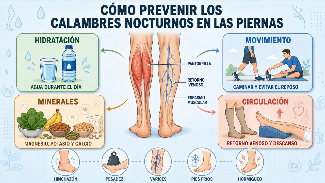 Hidratación, movimiento, minerales y apoyo circulatorio ayudan a prevenir calambres.