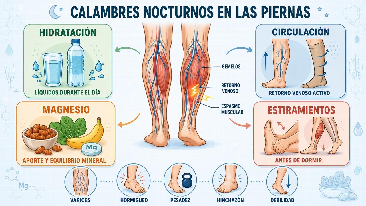 Hidratación, circulación, magnesio y estiramientos ayudan a prevenir calambres nocturnos.
