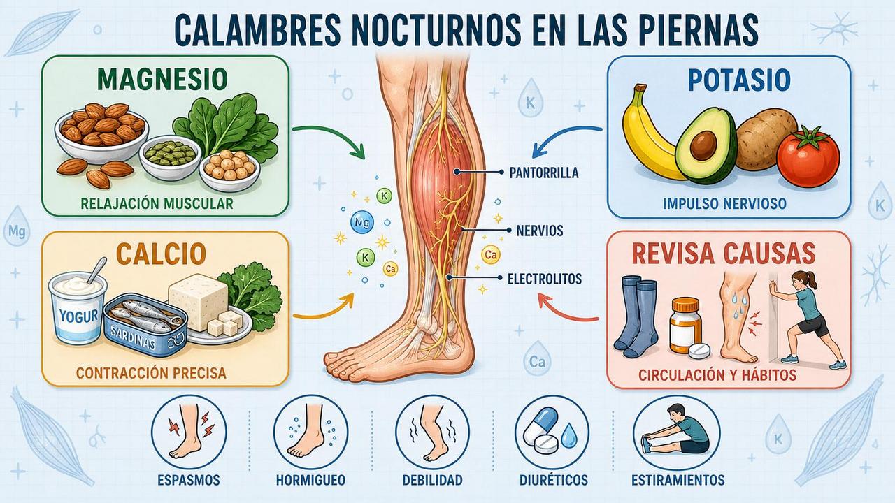 Magnesio, potasio, calcio y causas asociadas explican muchos calambres nocturnos.