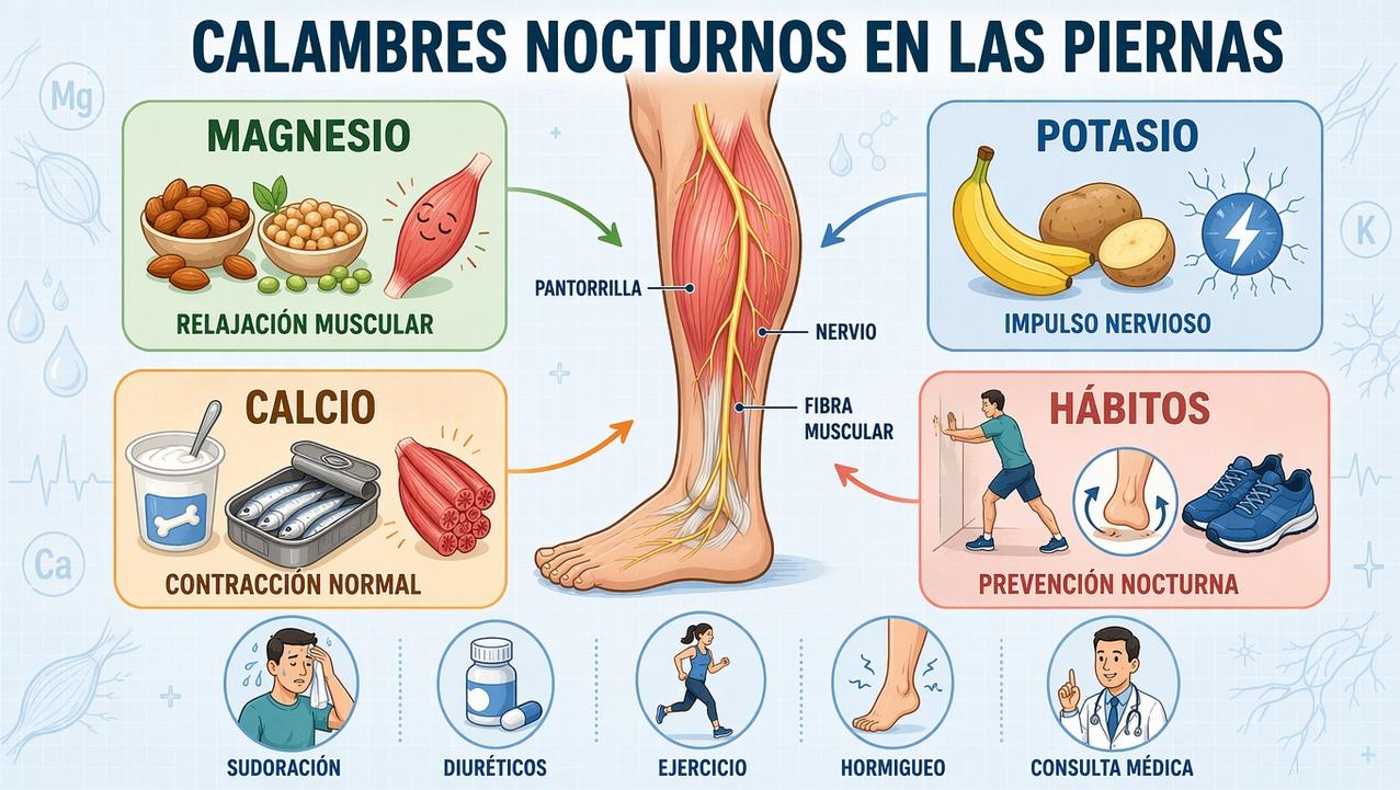 Magnesio, potasio, calcio y hábitos nocturnos influyen en los calambres.