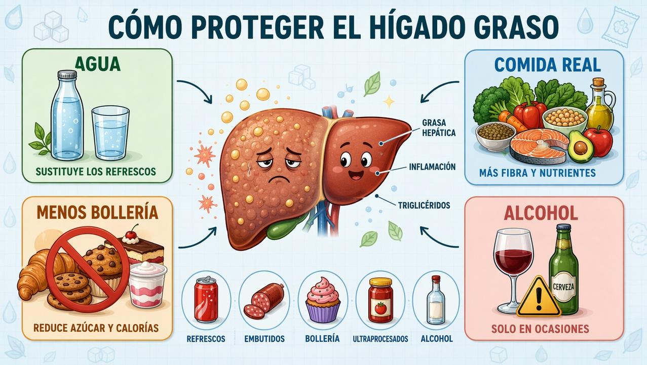 Agua, comida real, menos bollería y menos alcohol alivian la carga hepática.