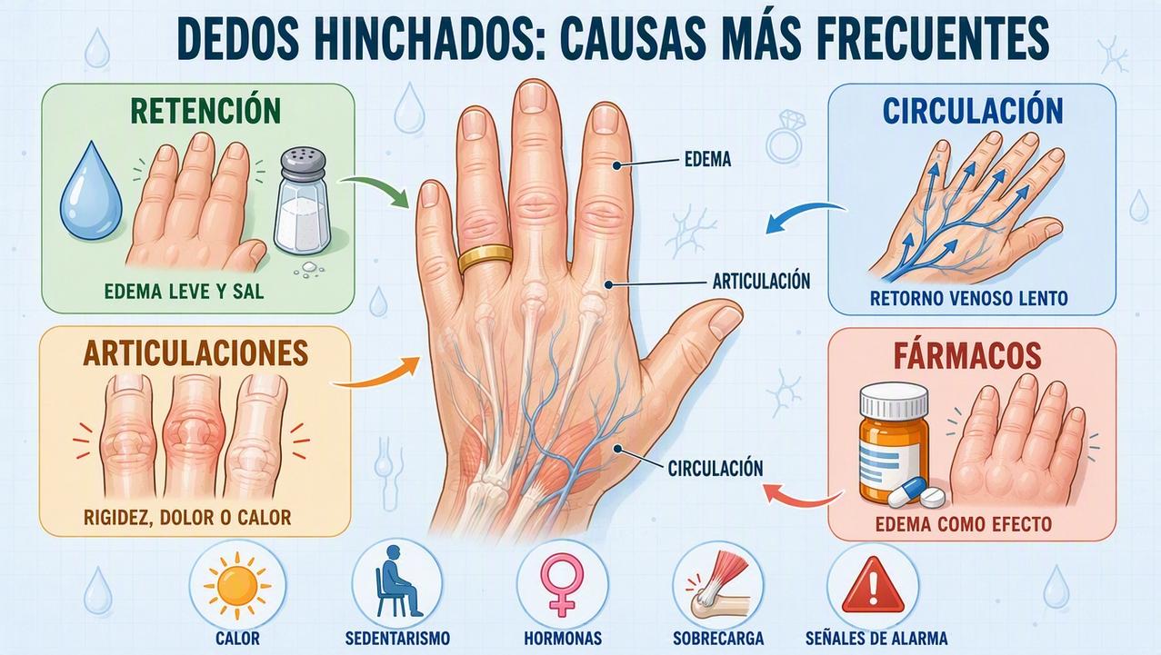 Retención, circulación, articulaciones y fármacos explican muchos casos de dedos hinchados.