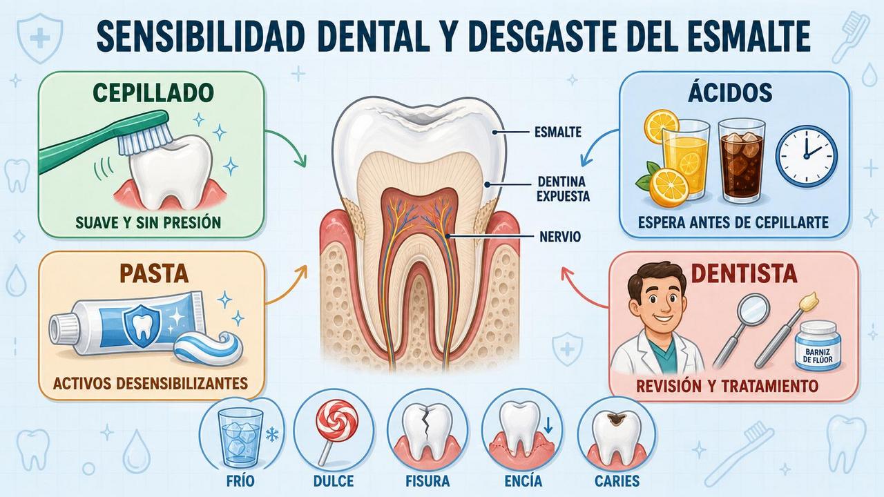 Cepillado suave, menos ácidos, pasta específica y revisión dental protegen dientes sensibles.