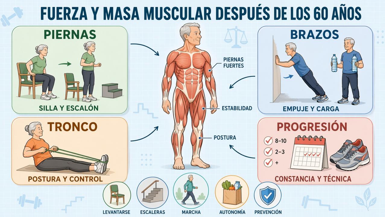 Piernas, brazos, tronco y progresión: claves para mantener músculo y estabilidad.