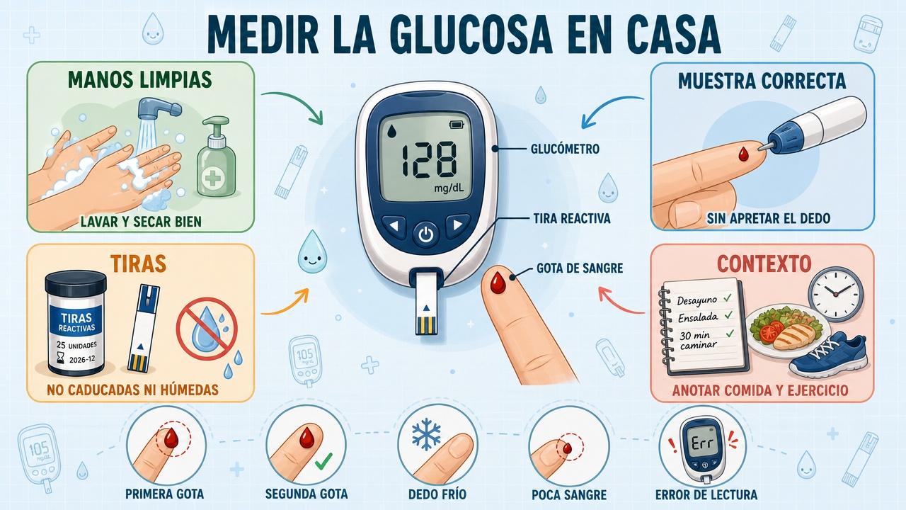 Cuatro claves para una automedición fiable: higiene, muestra, tiras y contexto.