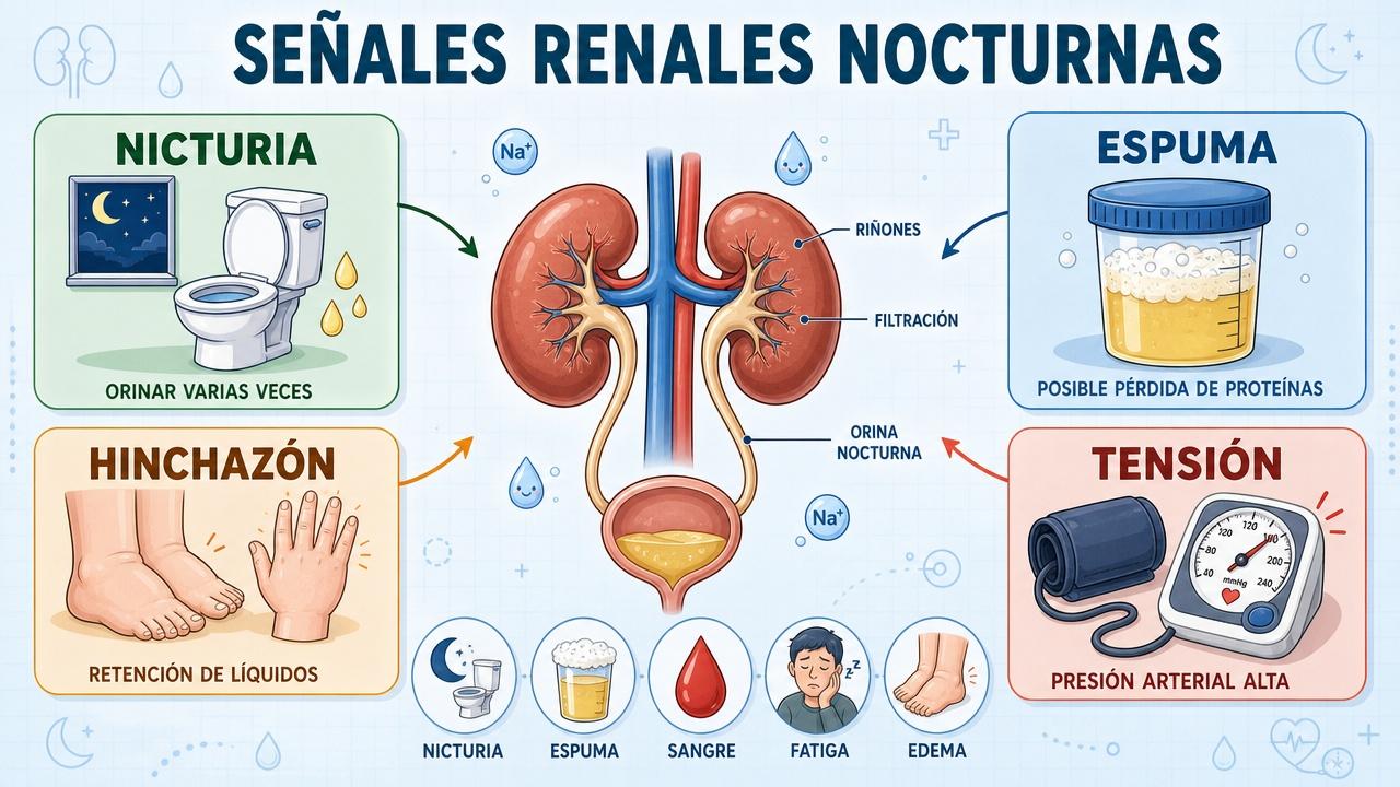 Nicturia, espuma, hinchazón y tensión alta: cuatro señales de alerta renal.