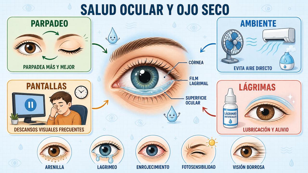 Parpadeo, ambiente, pantallas y lágrimas: pilares clave frente al ojo seco.