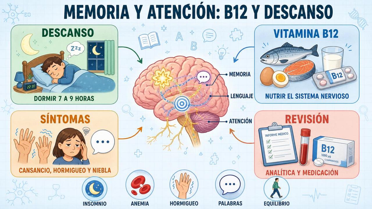 Descanso, vitamina B12, síntomas y revisión médica orientan el origen del problema.