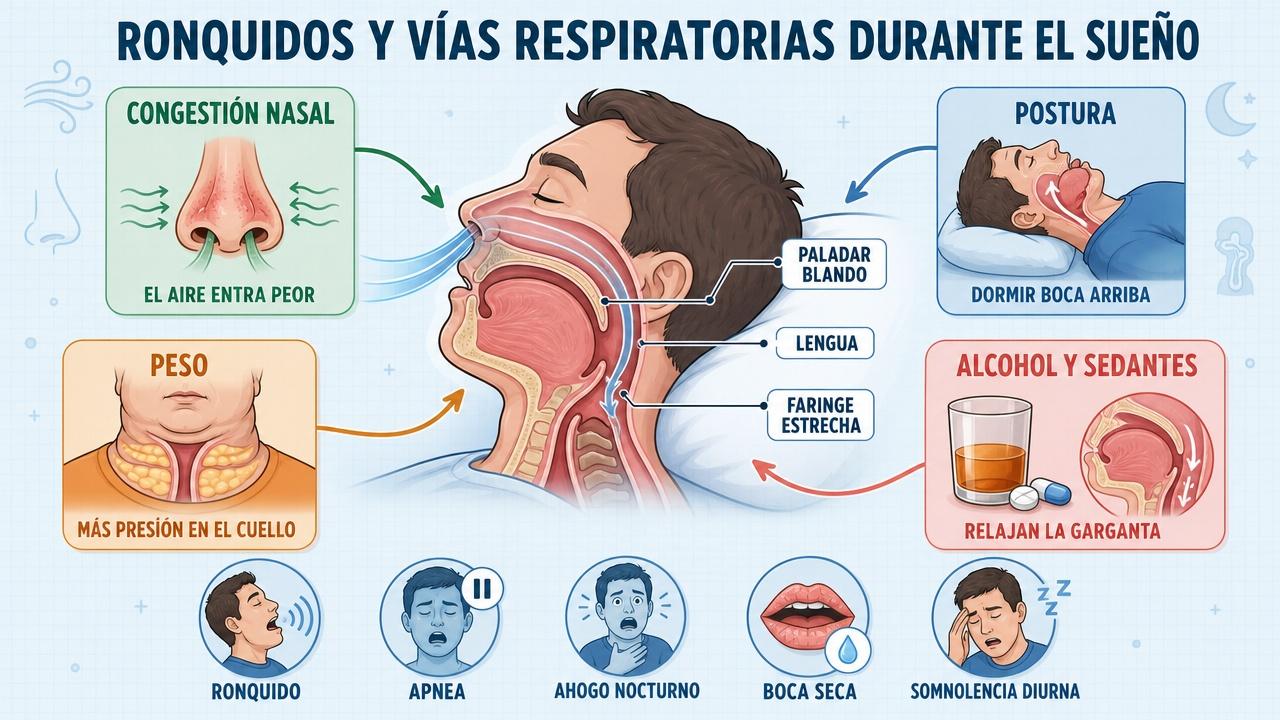 Factores, anatomía y señales que relacionan ronquidos persistentes con obstrucción nocturna.