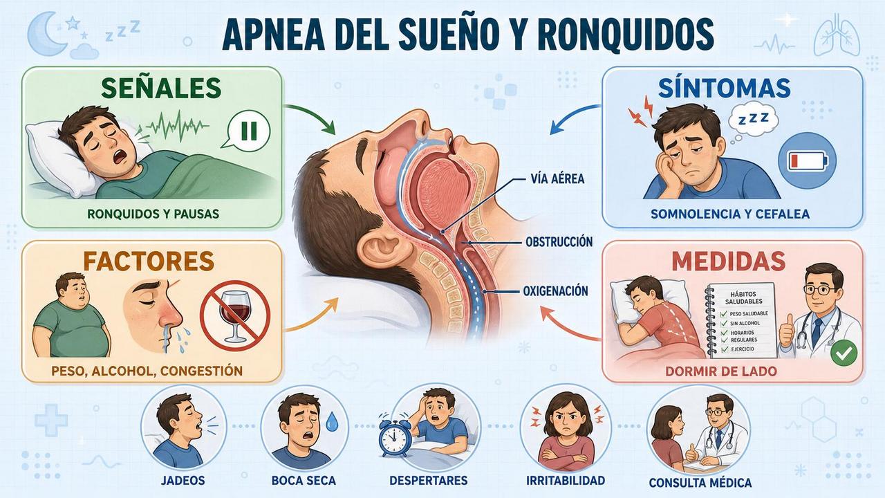 Señales, síntomas, factores y medidas clave ante la apnea del sueño.
