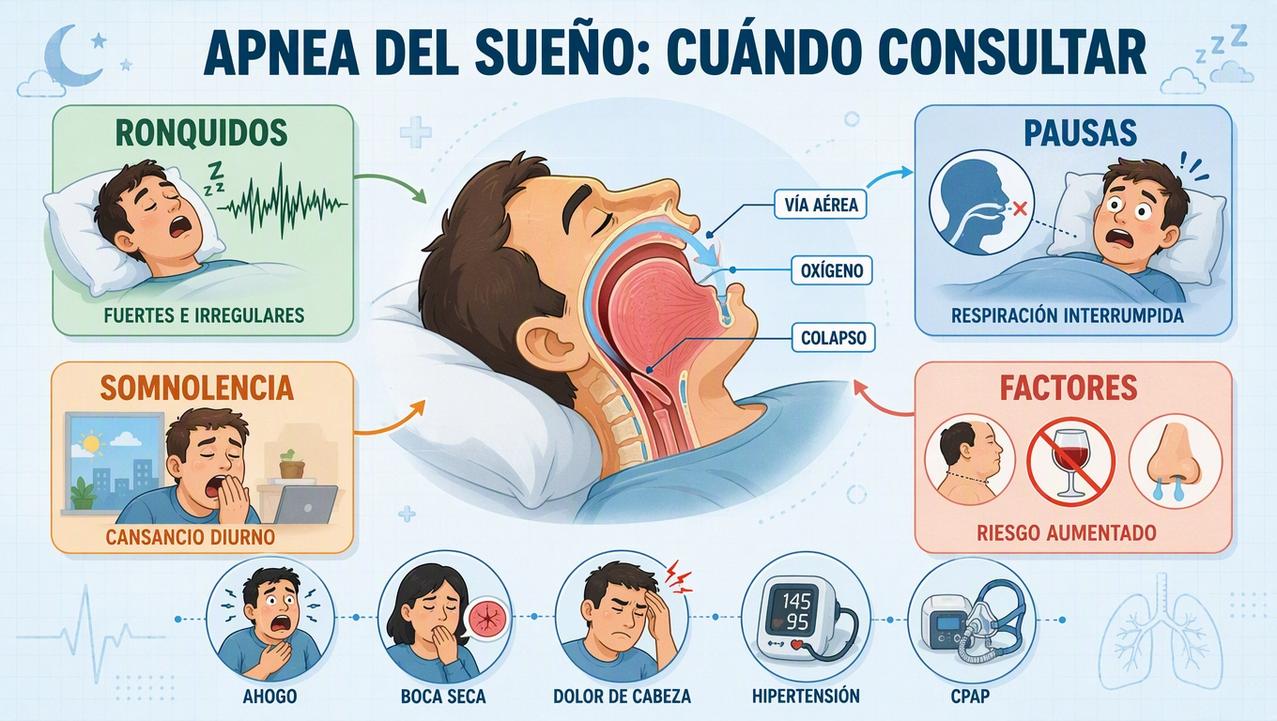 Ronquidos, pausas, somnolencia y factores de riesgo orientan la consulta médica.