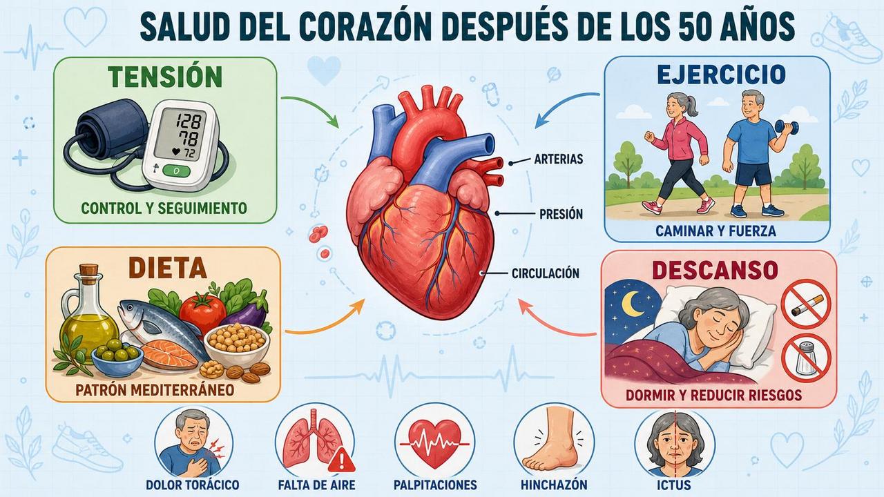 Tensión, ejercicio, dieta y descanso sostienen la salud cardiovascular después de los 50.
