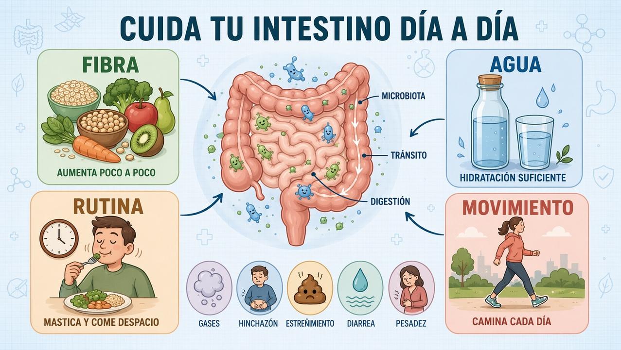 Fibra, agua, rutina y movimiento sostienen una mejor salud intestinal.