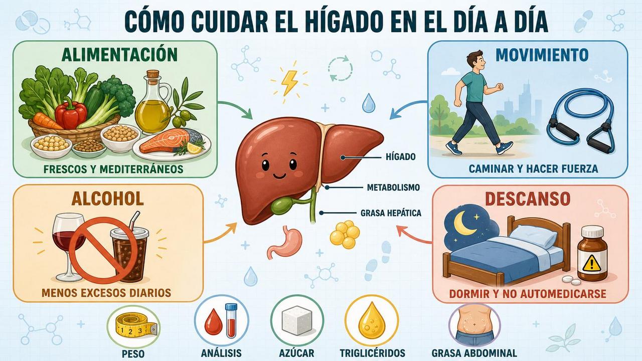 Alimentación, movimiento, alcohol y descanso sostienen la protección diaria del hígado.