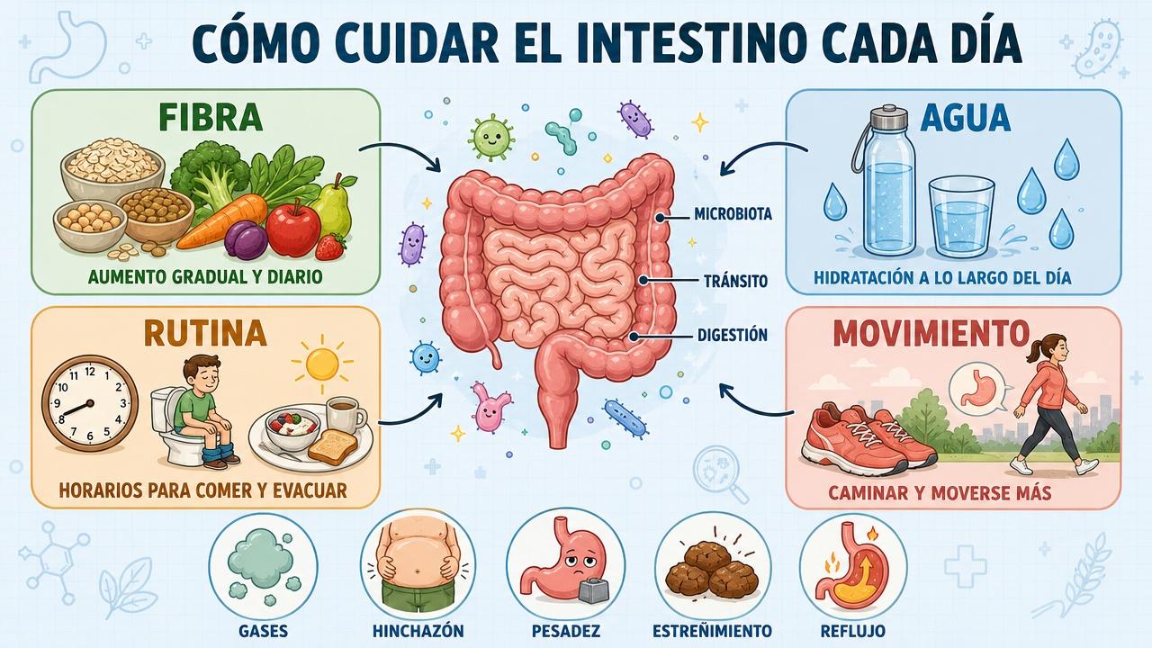 Fibra, agua, rutina y movimiento sostienen una mejor salud intestinal diaria.