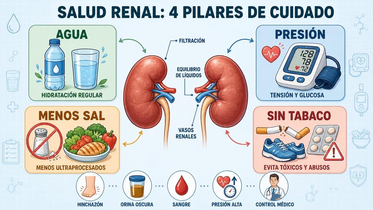 Cuatro pilares clave para cuidar la salud renal cada día.