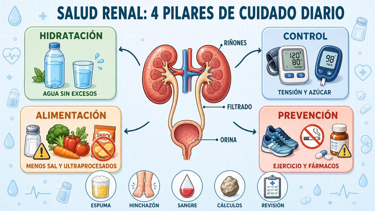 Hidratación, control, alimentación y prevención sostienen la salud renal diaria.