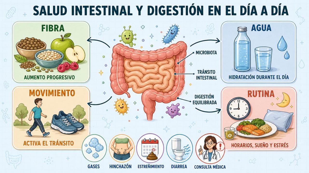 Fibra, agua, movimiento y rutina sostienen una digestión más equilibrada.