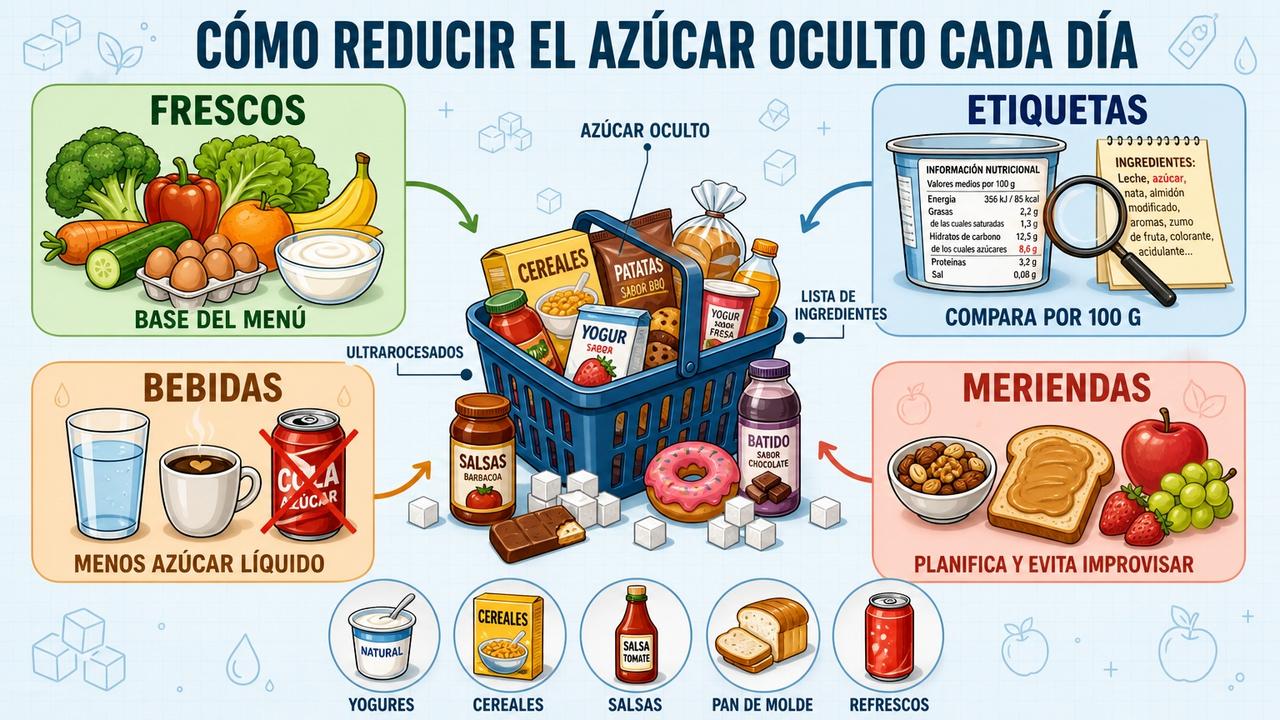 Cuatro hábitos clave para reducir azúcar oculto en la alimentación diaria.