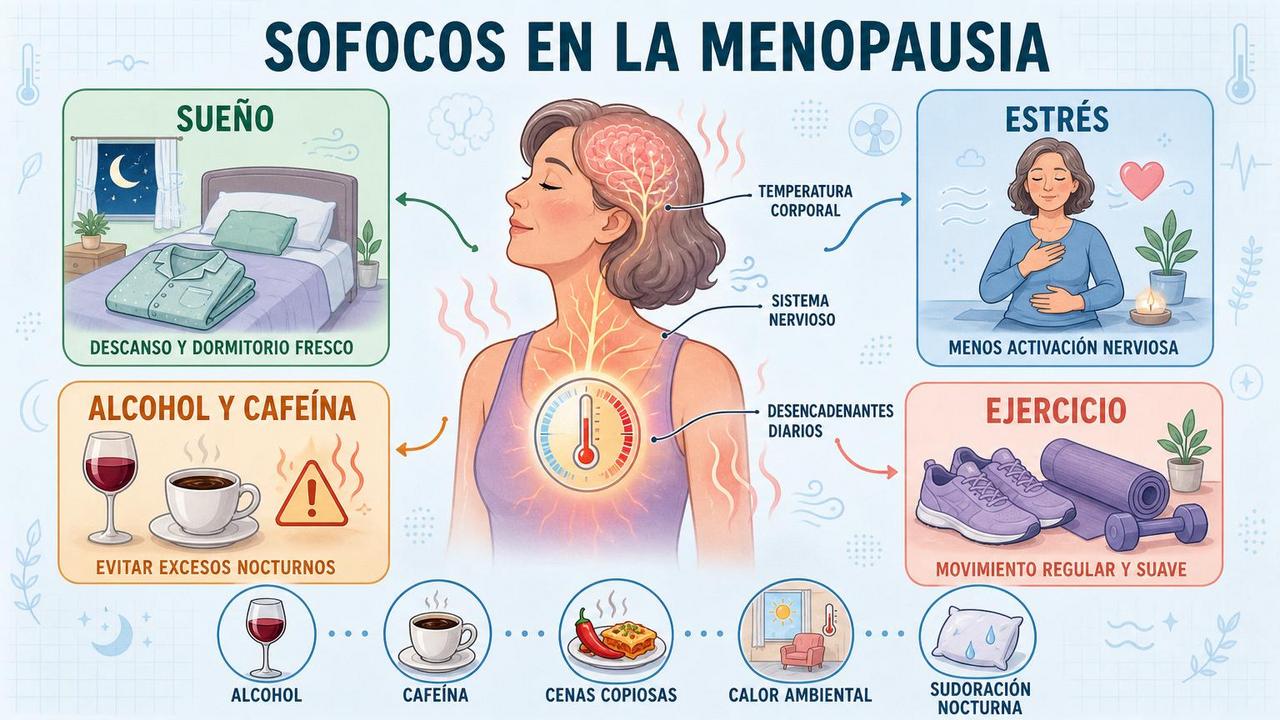 Sueño, estrés, alcohol-cafeína y ejercicio influyen en los sofocos.