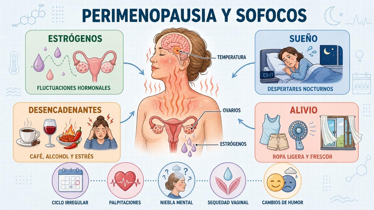Estrógenos, sueño, desencadenantes y alivio explican los sofocos en perimenopausia.