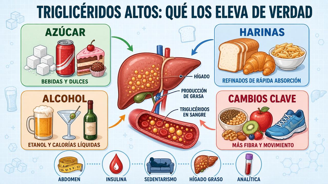 Infografía con los factores clave y cambios útiles para bajar triglicéridos.