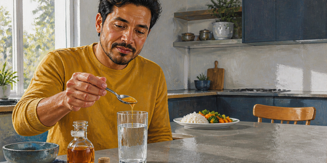 Hombre sentado en una cocina vierte una cucharada de vinagre en un vaso de agua, junto a un plato con arroz y verduras.