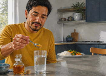 Hombre sentado en una cocina vierte una cucharada de vinagre en un vaso de agua, junto a un plato con arroz y verduras.