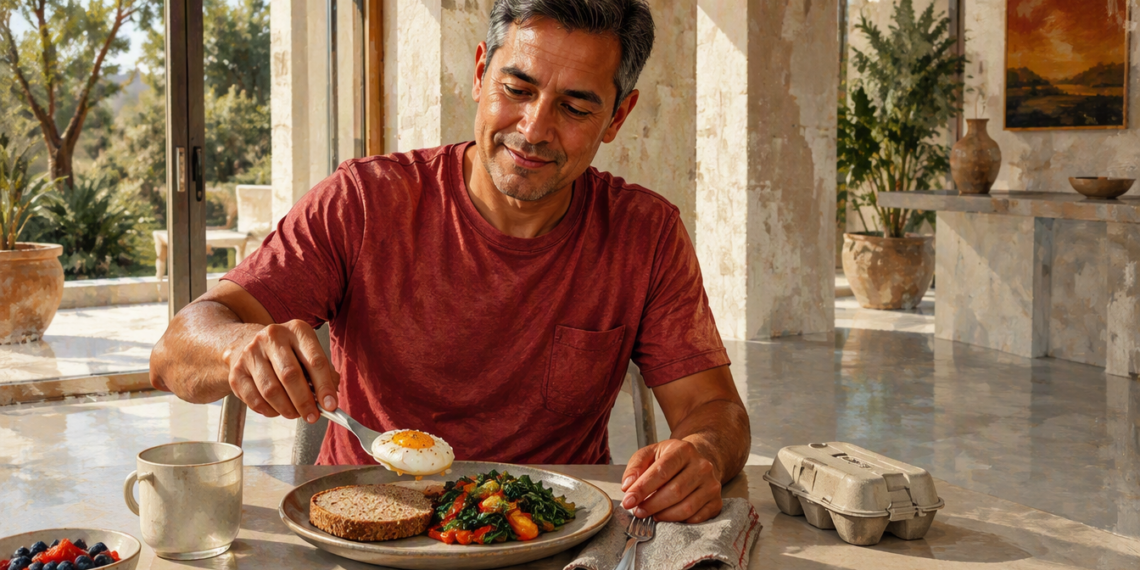Hombre adulto desayuna un huevo con pan integral, verduras y frutos rojos en una mesa iluminada por el sol.