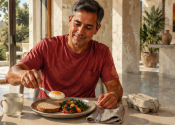 Hombre adulto desayuna un huevo con pan integral, verduras y frutos rojos en una mesa iluminada por el sol.