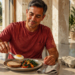 Hombre adulto desayuna un huevo con pan integral, verduras y frutos rojos en una mesa iluminada por el sol.