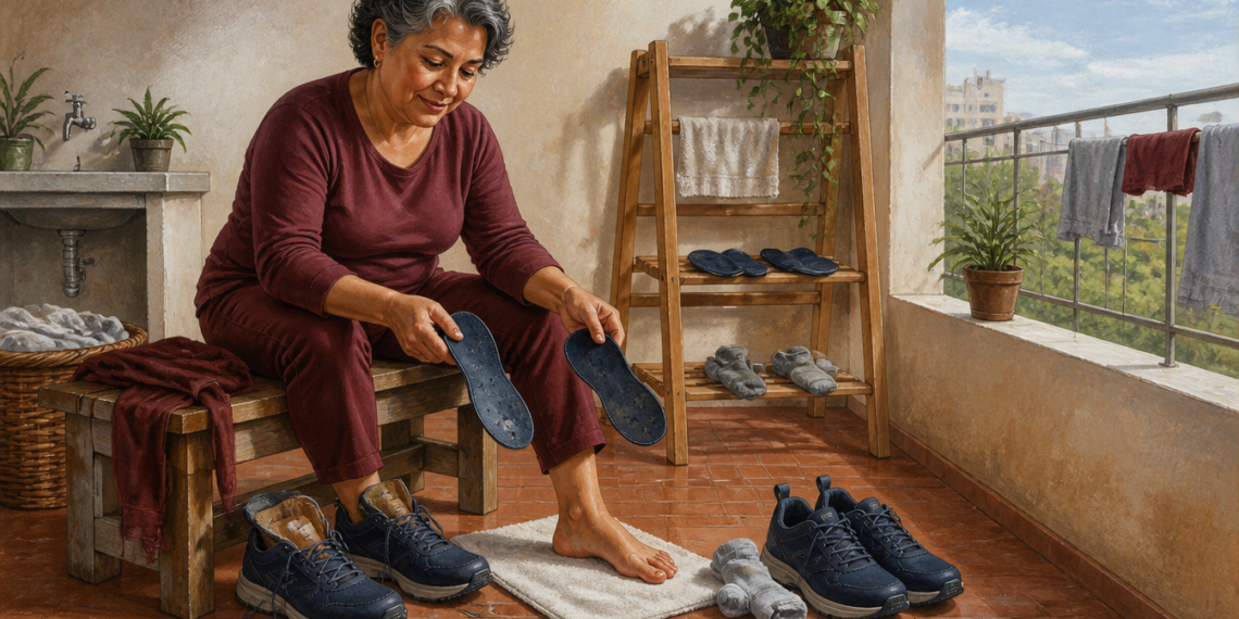 Mujer adulta sentada en un lavadero doméstico sostiene dos plantillas mientras varios pares de zapatos y calcetines se airean y secan a su alrededor.
