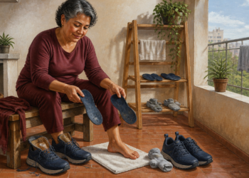 Mujer adulta sentada en un lavadero doméstico sostiene dos plantillas mientras varios pares de zapatos y calcetines se airean y secan a su alrededor.