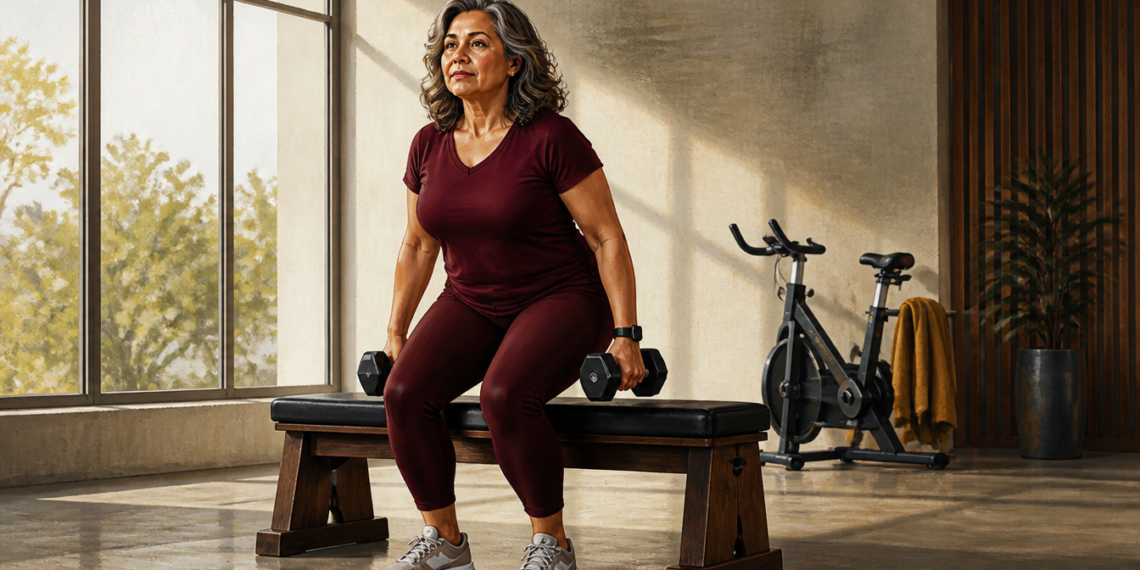 Mujer adulta realiza un ejercicio de fuerza sentada en un banco, con una mancuerna en cada mano, en una sala luminosa con bicicleta estática al fondo.