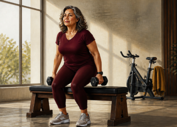Mujer adulta realiza un ejercicio de fuerza sentada en un banco, con una mancuerna en cada mano, en una sala luminosa con bicicleta estática al fondo.
