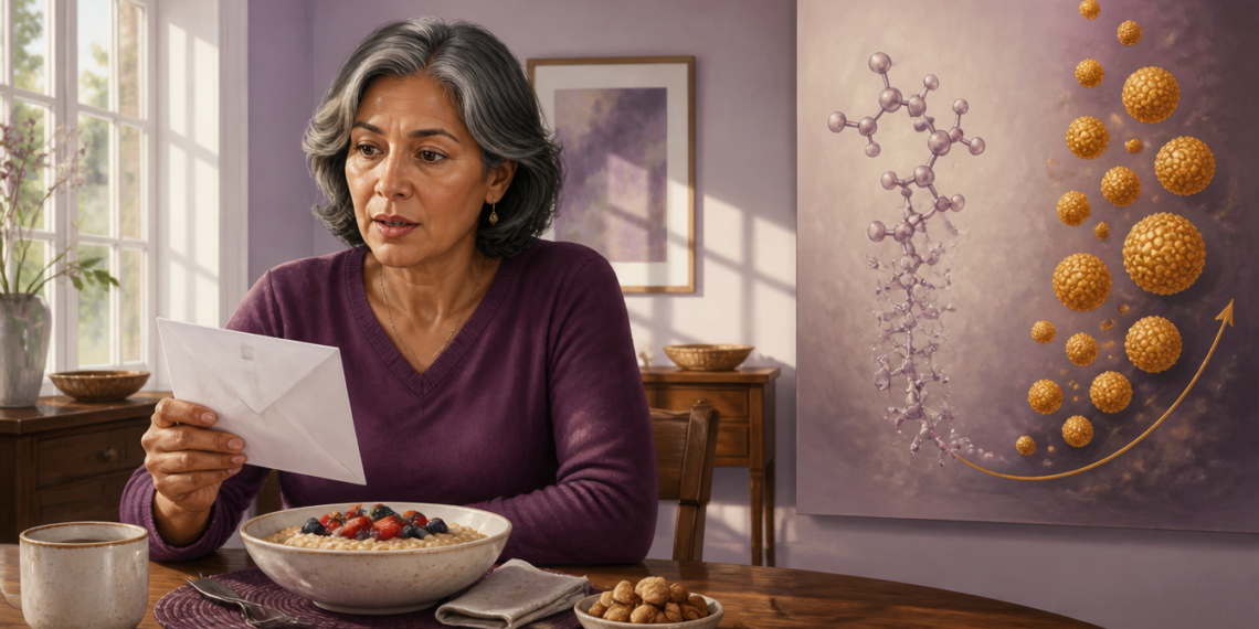 Mujer adulta observa un sobre durante el desayuno junto a un cuenco de avena, mientras una ilustración muestra moléculas y partículas asociadas al colesterol.