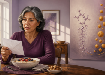 Mujer adulta observa un sobre durante el desayuno junto a un cuenco de avena, mientras una ilustración muestra moléculas y partículas asociadas al colesterol.