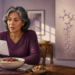 Mujer adulta observa un sobre durante el desayuno junto a un cuenco de avena, mientras una ilustración muestra moléculas y partículas asociadas al colesterol.