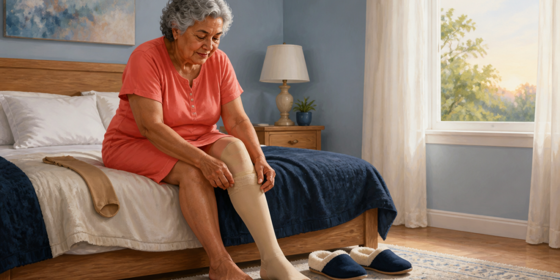 Mujer mayor sentada en la cama se coloca una media de compresión beige hasta la rodilla, con otra media preparada a su lado.