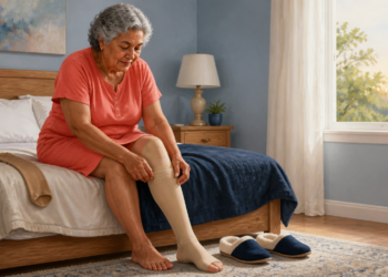 Mujer mayor sentada en la cama se coloca una media de compresión beige hasta la rodilla, con otra media preparada a su lado.
