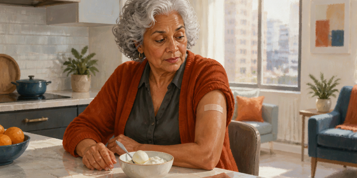 Mujer mayor sentada en una cocina observa un pequeño apósito en su brazo junto a un cuenco con yogur y huevo cocido.