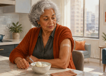 Mujer mayor sentada en una cocina observa un pequeño apósito en su brazo junto a un cuenco con yogur y huevo cocido.