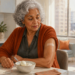 Mujer mayor sentada en una cocina observa un pequeño apósito en su brazo junto a un cuenco con yogur y huevo cocido.
