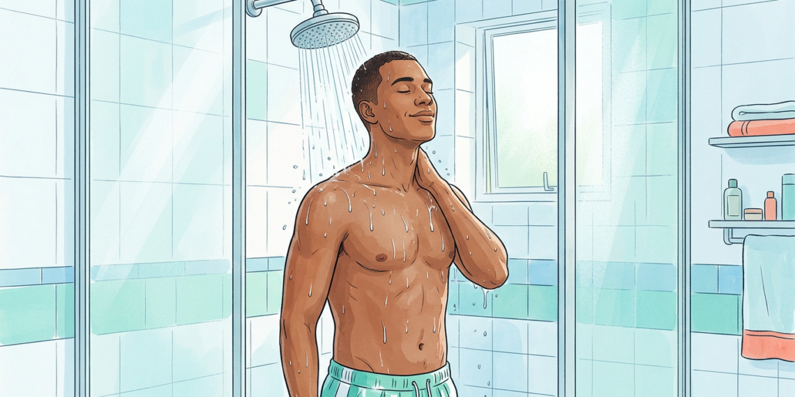 Un hombre joven de piel morena disfrutando de una ducha refrescante en un baño luminoso, con agua cayendo sobre sus hombros, representando la sensación de alivio frente al calor intenso.