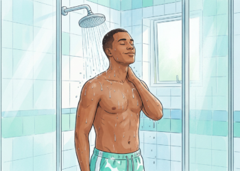 Un hombre joven de piel morena disfrutando de una ducha refrescante en un baño luminoso, con agua cayendo sobre sus hombros, representando la sensación de alivio frente al calor intenso.