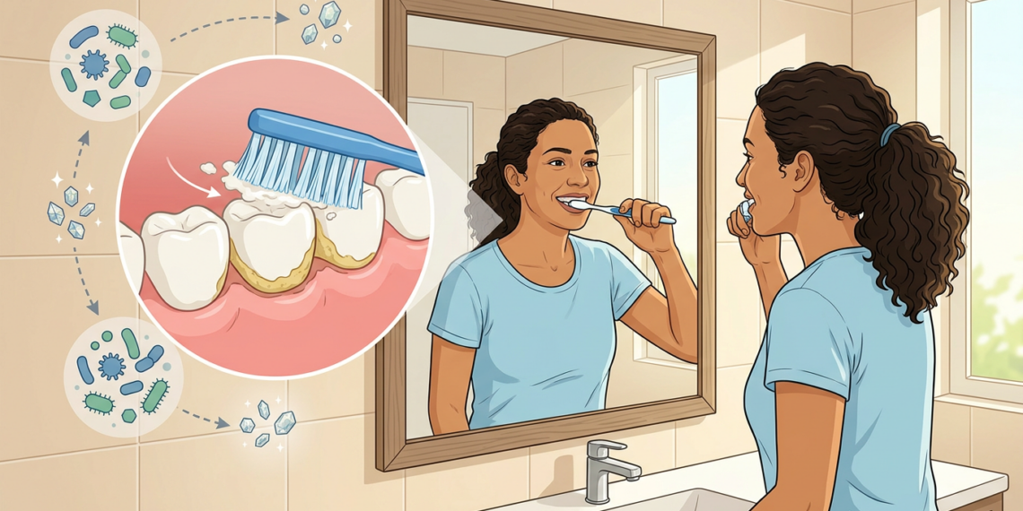 Ilustración de una mujer cepillándose los dientes frente al espejo, acompañada de un gráfico detallado que muestra la acumulación de sarro y bacterias en la dentadura.