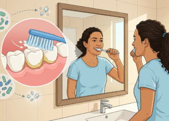 Ilustración de una mujer cepillándose los dientes frente al espejo, acompañada de un gráfico detallado que muestra la acumulación de sarro y bacterias en la dentadura.